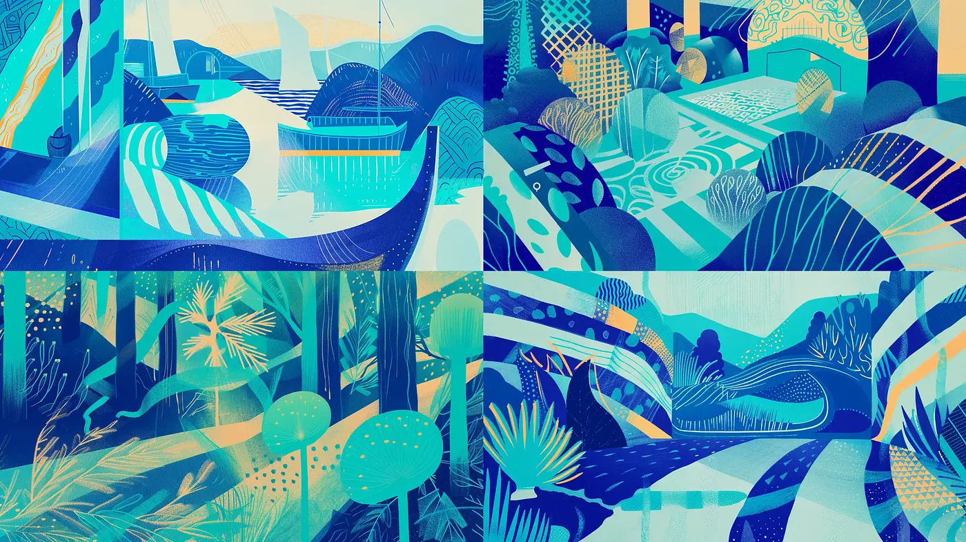 Surreal Serenity in Cyan: A Cohesive Exploration of Abstract Forms and Nature - Midjourney sref style