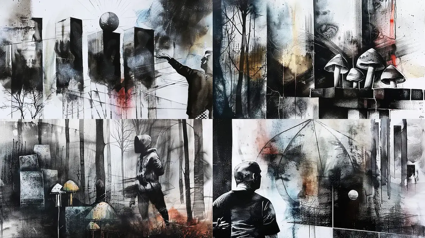 Dynamic monochrome pieces with surrealistic undertones and expressive depth - Midjourney sref style