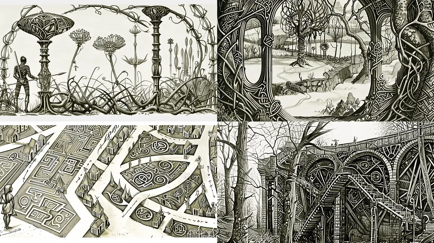 Surreal Structural Labyrinth: An Engraved World in Monochrome - Midjourney sref style