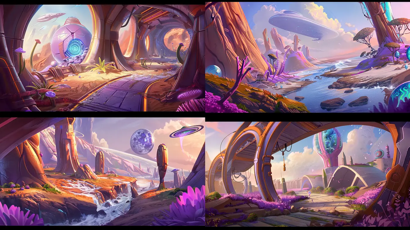 Otherworldly Dreamscape Fusion with Vivid Hues and Surreal Lighting - Midjourney sref style