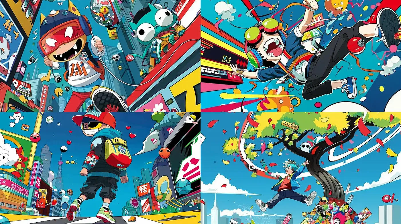 Vibrant and Whimsical Urban Aesthetic with Playful Characters - Midjourney sref style