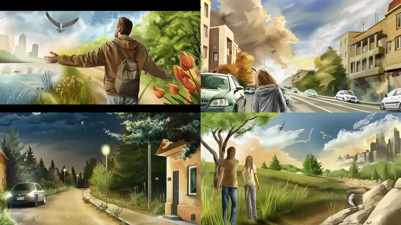 Serene Urban Landscapes with a Touch of Nature - Midjourney sref style