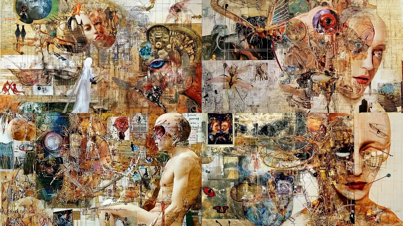 Collage of Complex Surrealism in a Vintage Tapestry - Midjourney sref style