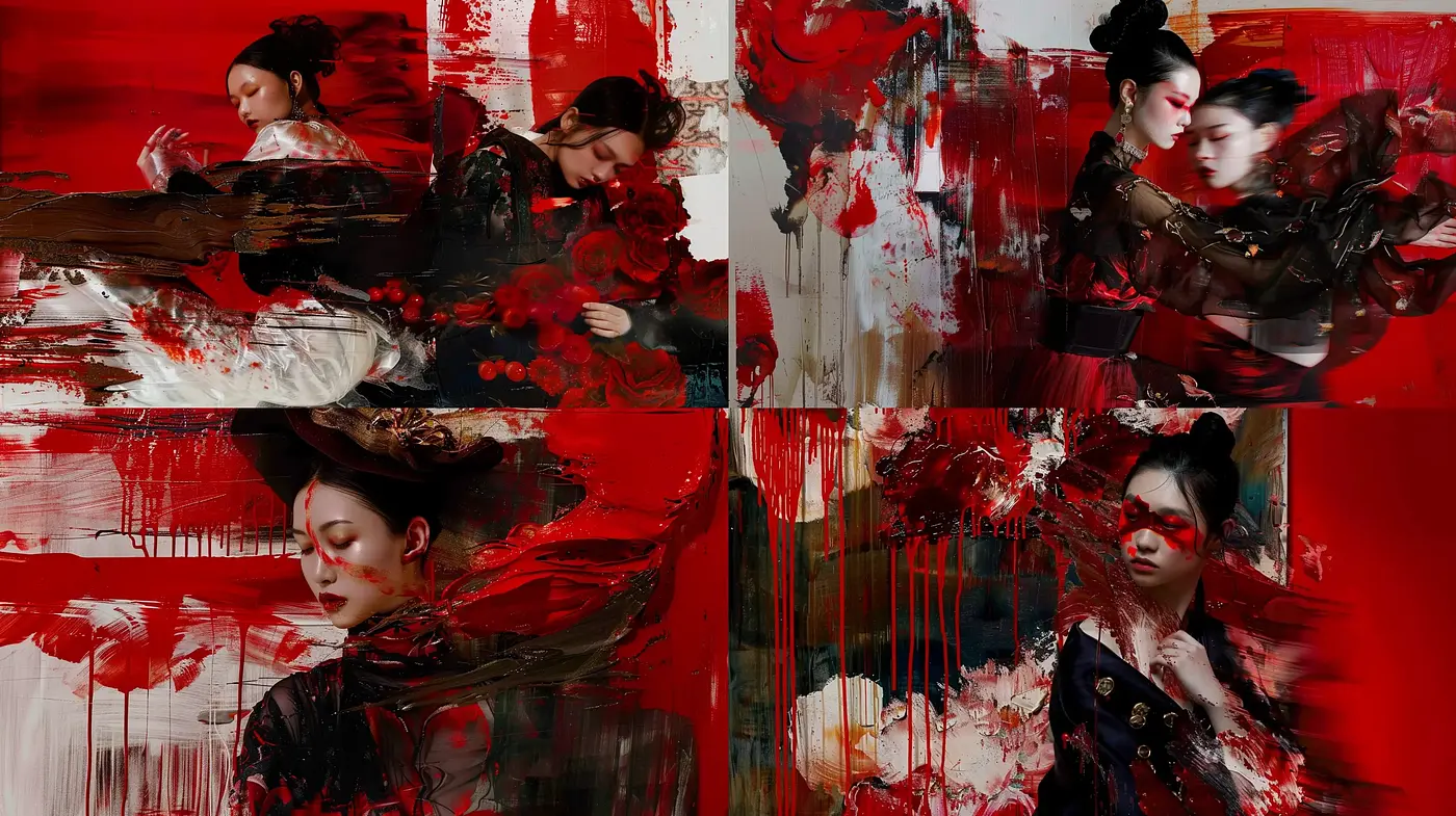 Crimson Brushwork Fusion - A Blend of East Asian Elegance and Abstract Expressionism - Midjourney sref style