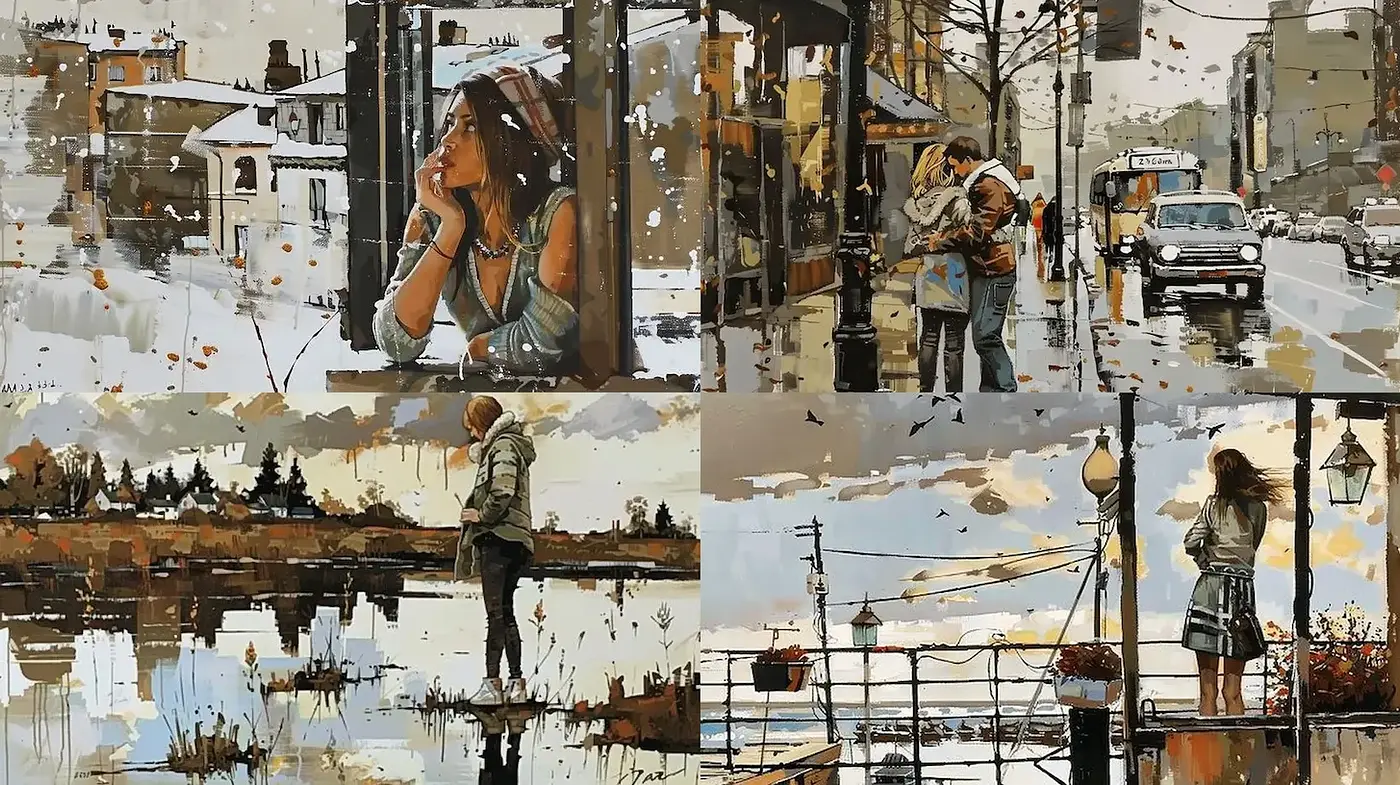 Contemporary Impressionist Urban Scenes with a Melancholic Touch - Midjourney sref style