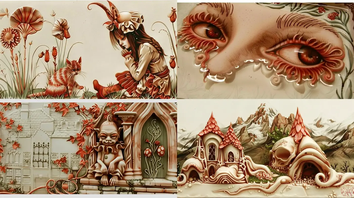 Surrealist Whimsy in Sepia: A Fusion of Organic Forms and Intricate Patterns - Midjourney sref style