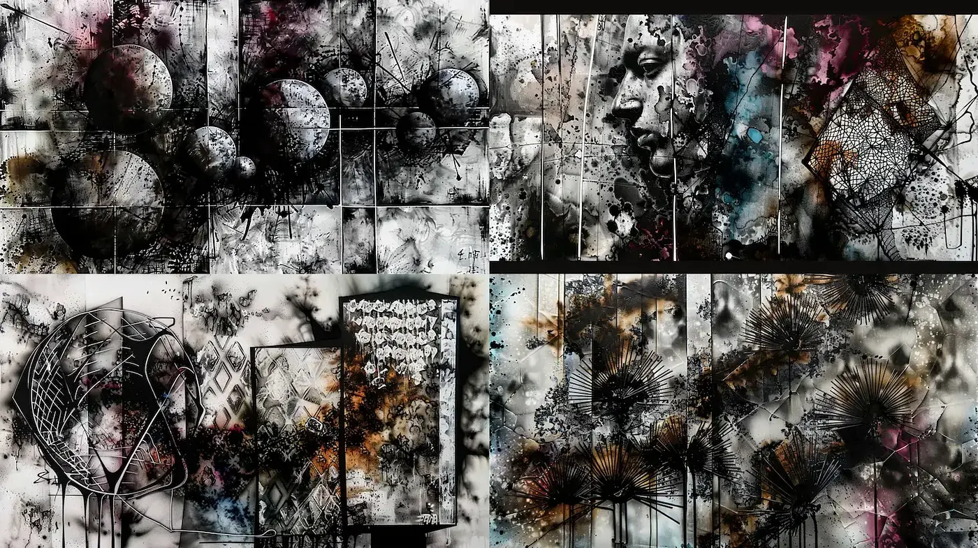 Complex Abstract Composition with Organic Elements and Textural Depth - Midjourney sref style