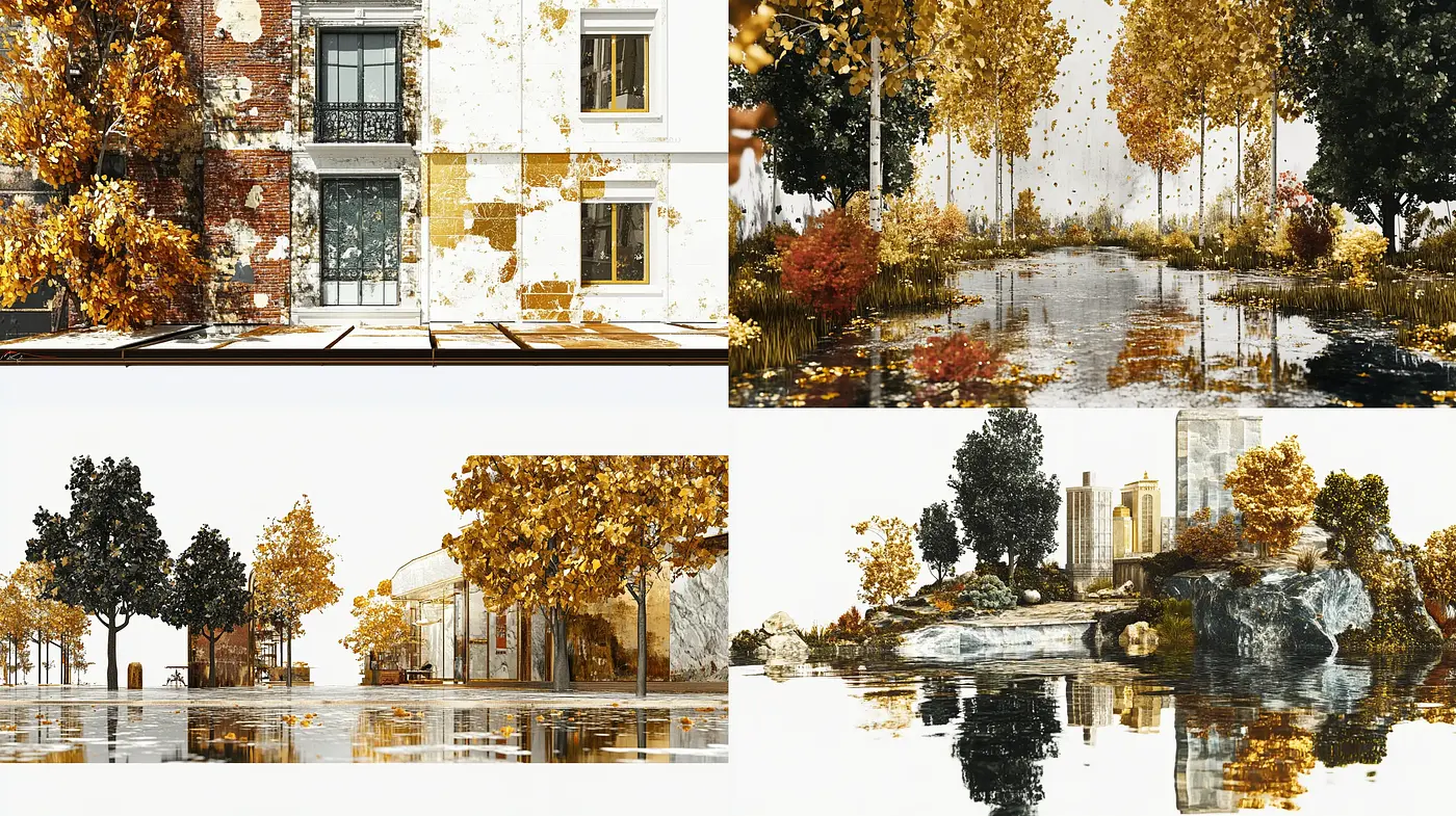 Autumnal Hues and Reflections: A Study in Seasonal Transition - Midjourney sref style