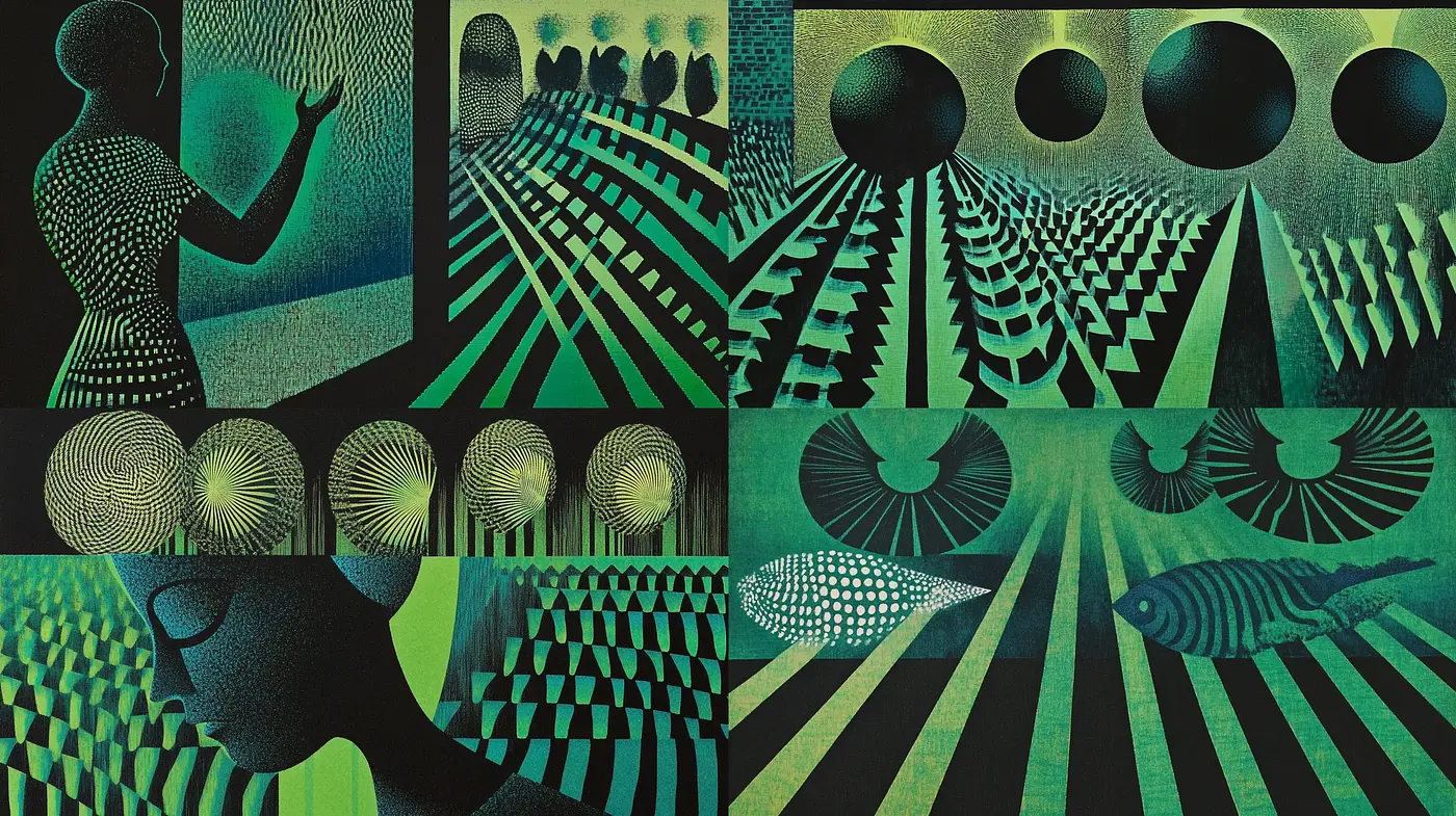 Ethereal Geometric Dreamscape in Emerald Hues - Midjourney sref style