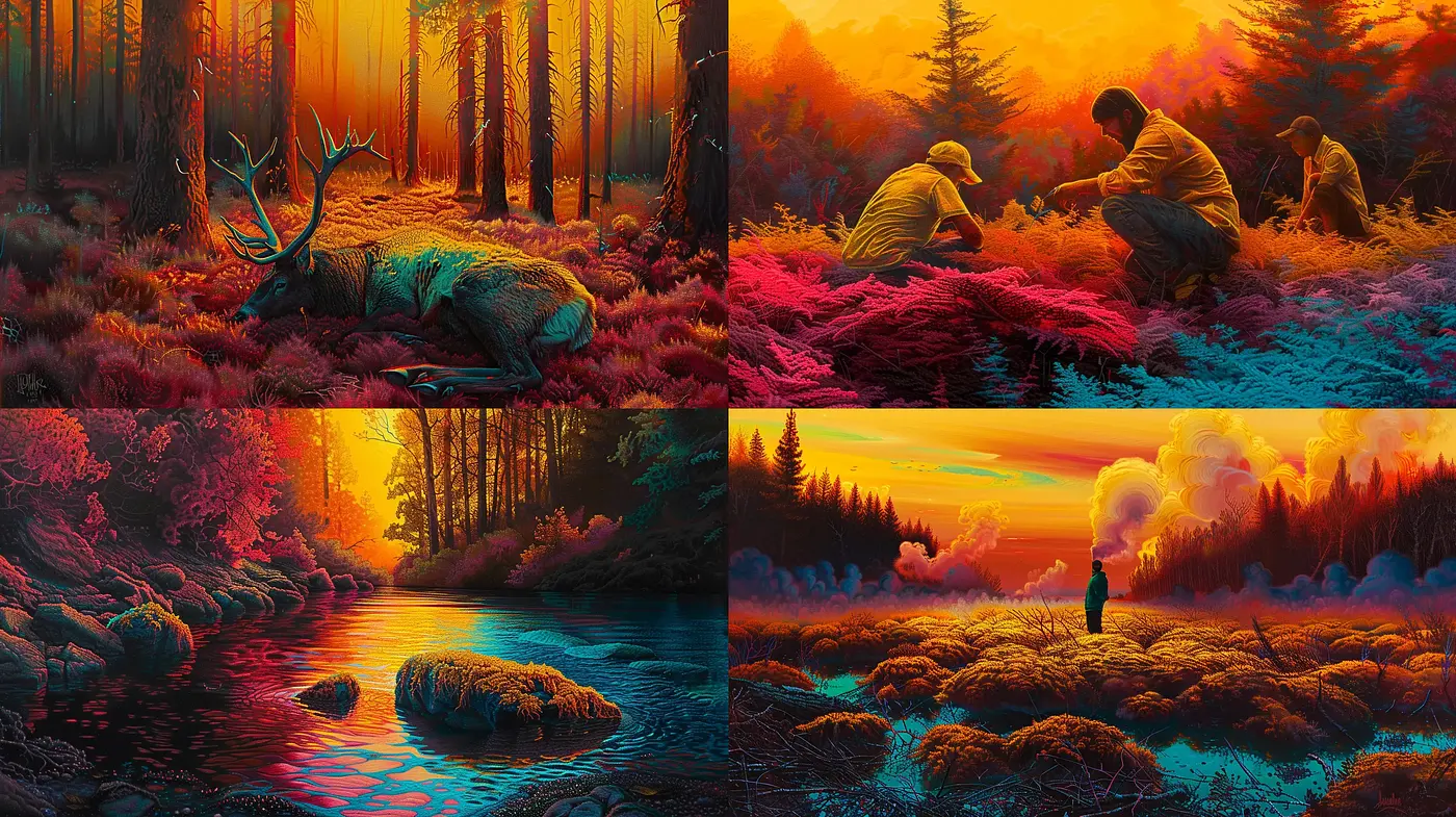 Surreal Autumnal Dreamscape: A Fusion of Vibrant Hues and Ethereal Lighting - Midjourney sref style