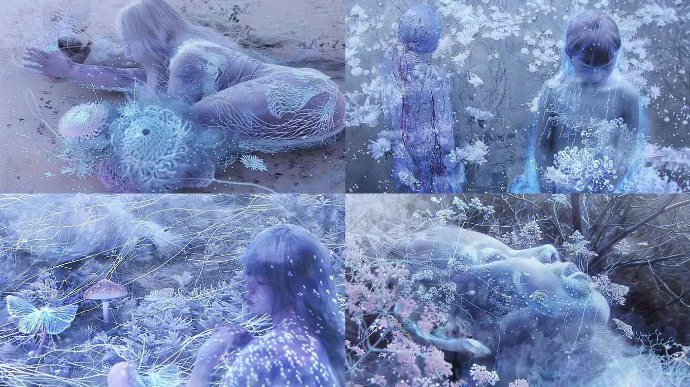 Ethereal Dreamscapes with Surrealist Overtones in Cool Tones - Midjourney sref style