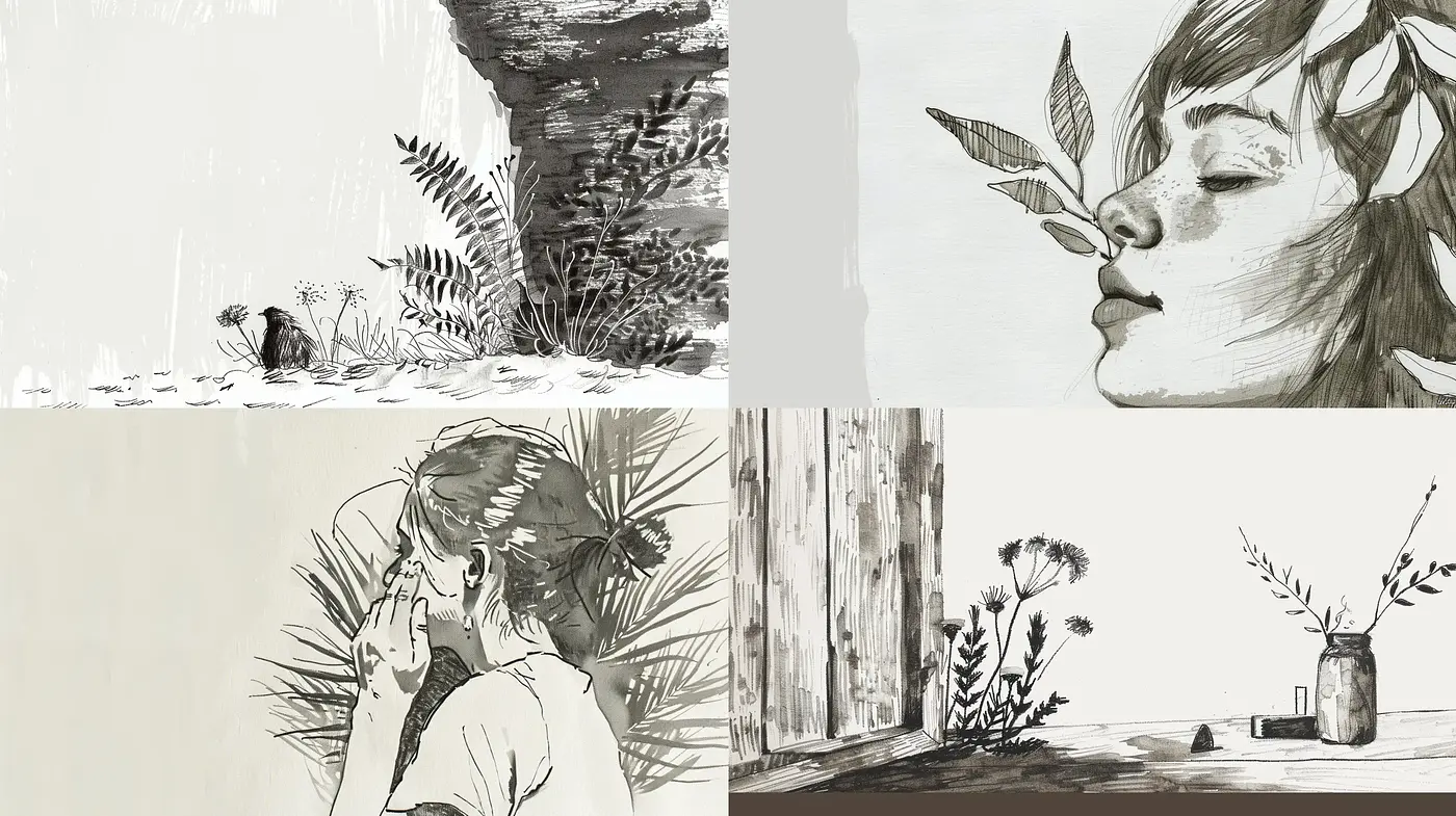 Monochrome Whispers of Nature: A Contemporary Ink Wash Elegance - Midjourney sref style