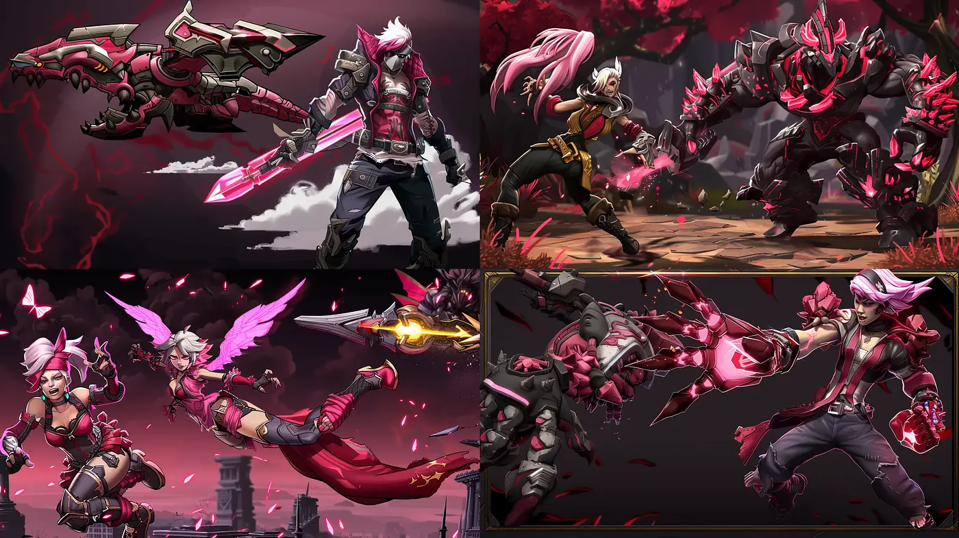 Dynamic Fantasy Battle Scenes with Vivid Crimson Accentuation - Midjourney sref style