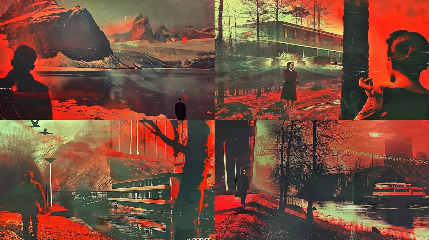 Eerie, cinematic landscapes with a surreal flair - Midjourney sref style