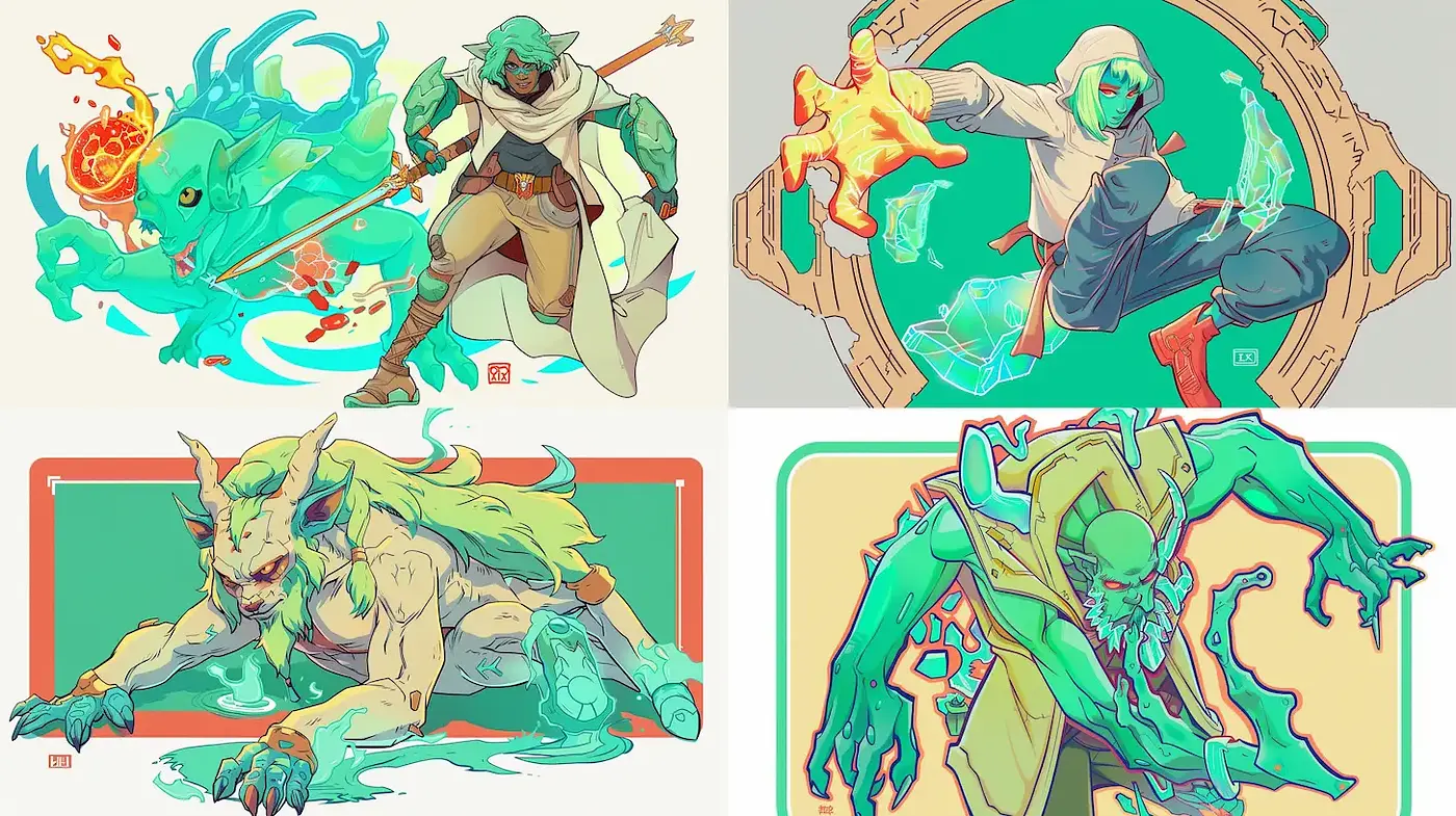 Dynamic and Colorful Fantasy Character Illustrations with Cartoon Influences - Midjourney sref style