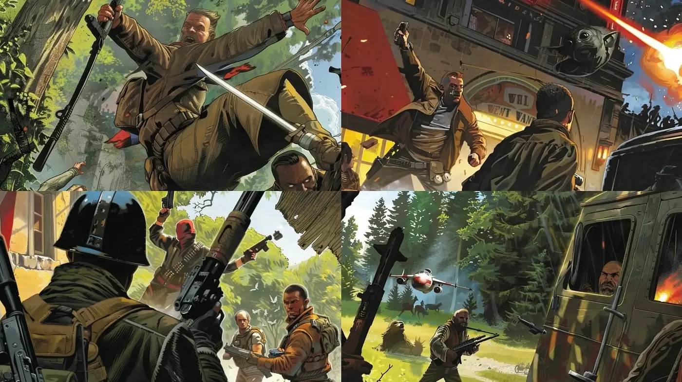 Dynamic Action Pastiche with a Graphic Novel Aesthetic - Midjourney sref style