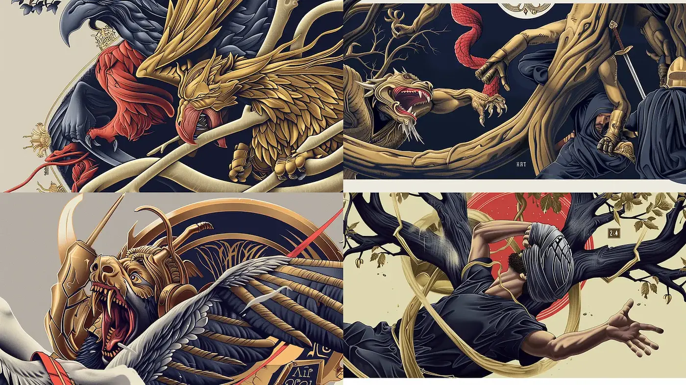 Dramatic illustrative style with a fusion of mythical elements and intricate details - Midjourney sref style