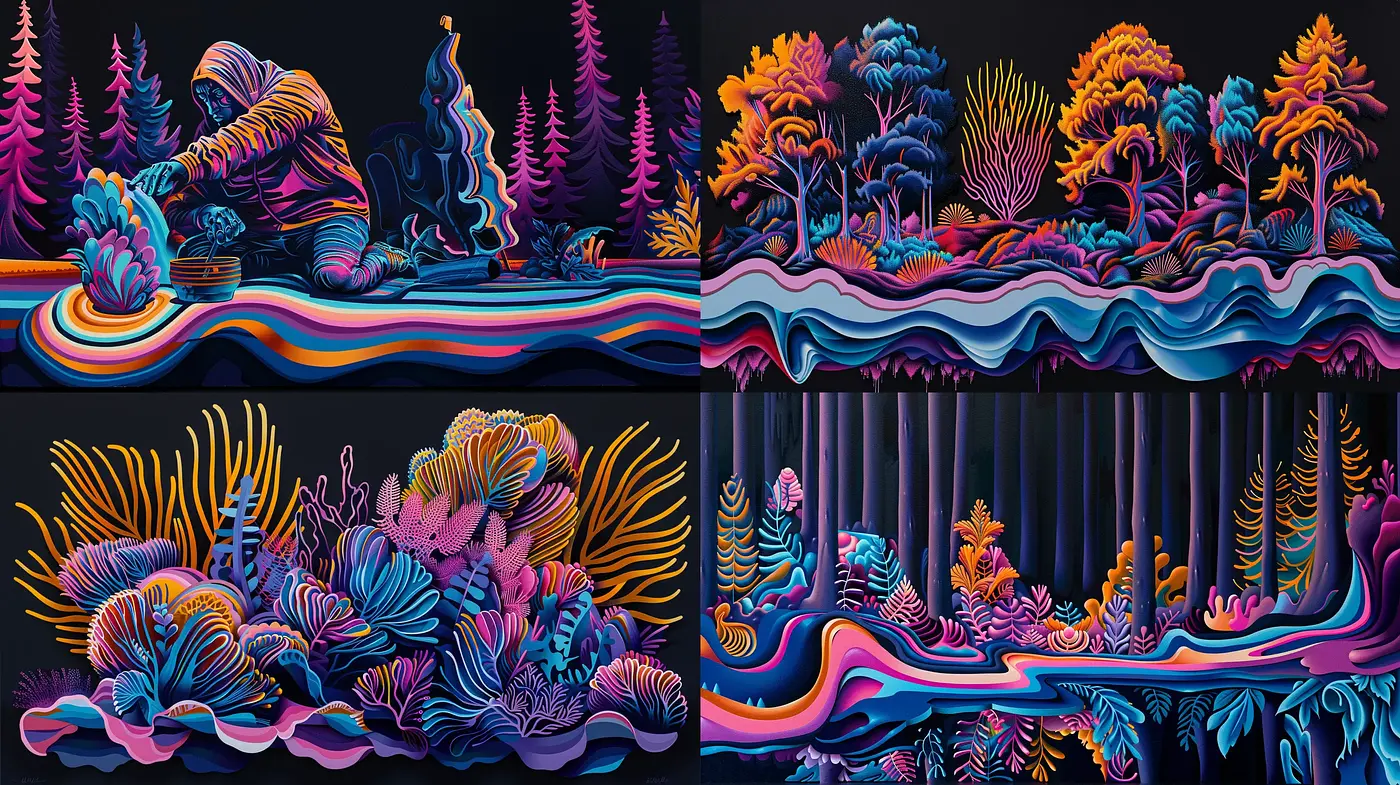 Neon Nature: A Vivid and Surreal Landscape Tapestry - Midjourney sref style