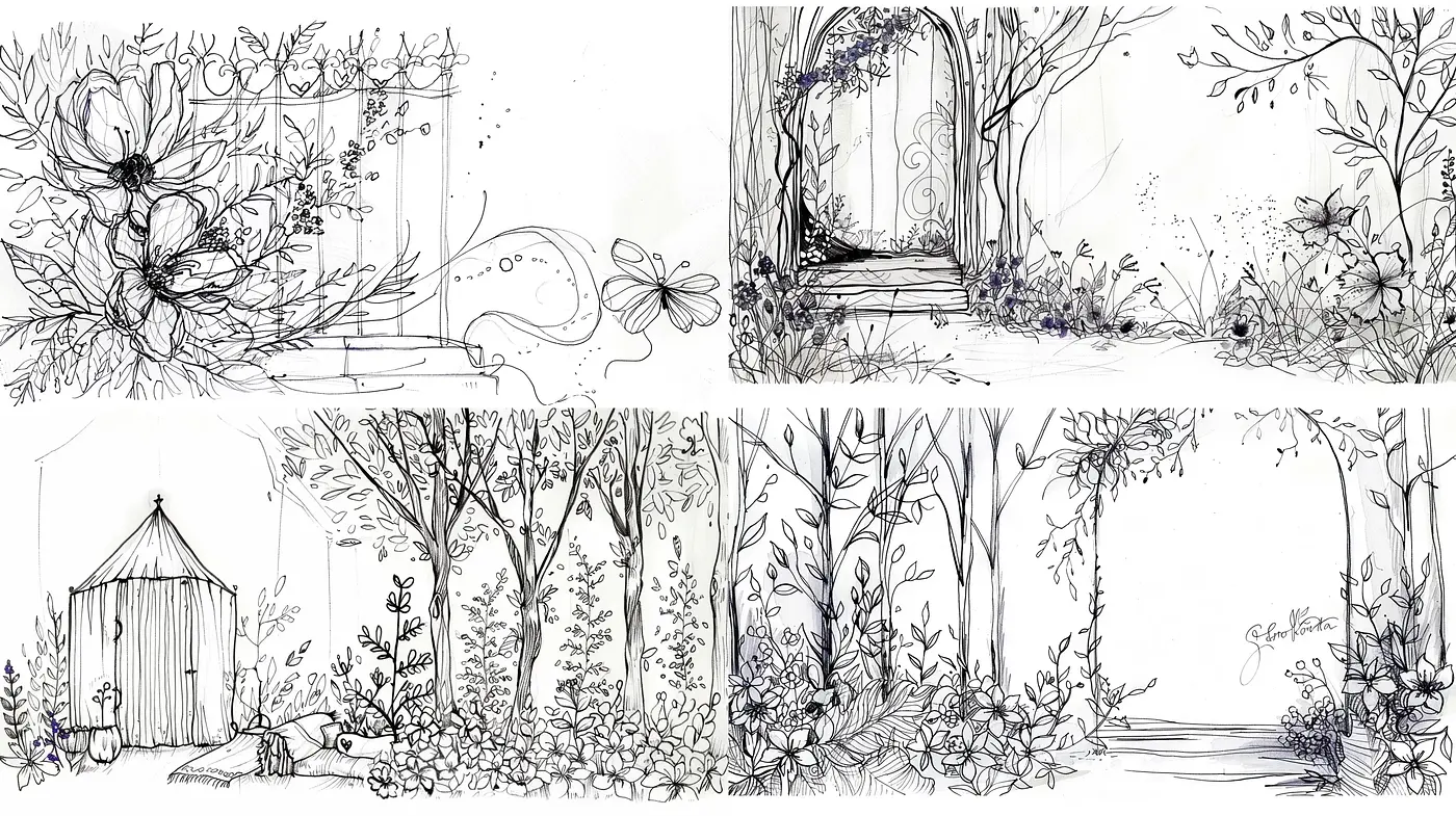 Consistent Whimsical Garden Sketches with Ethereal Overtones - Midjourney sref style