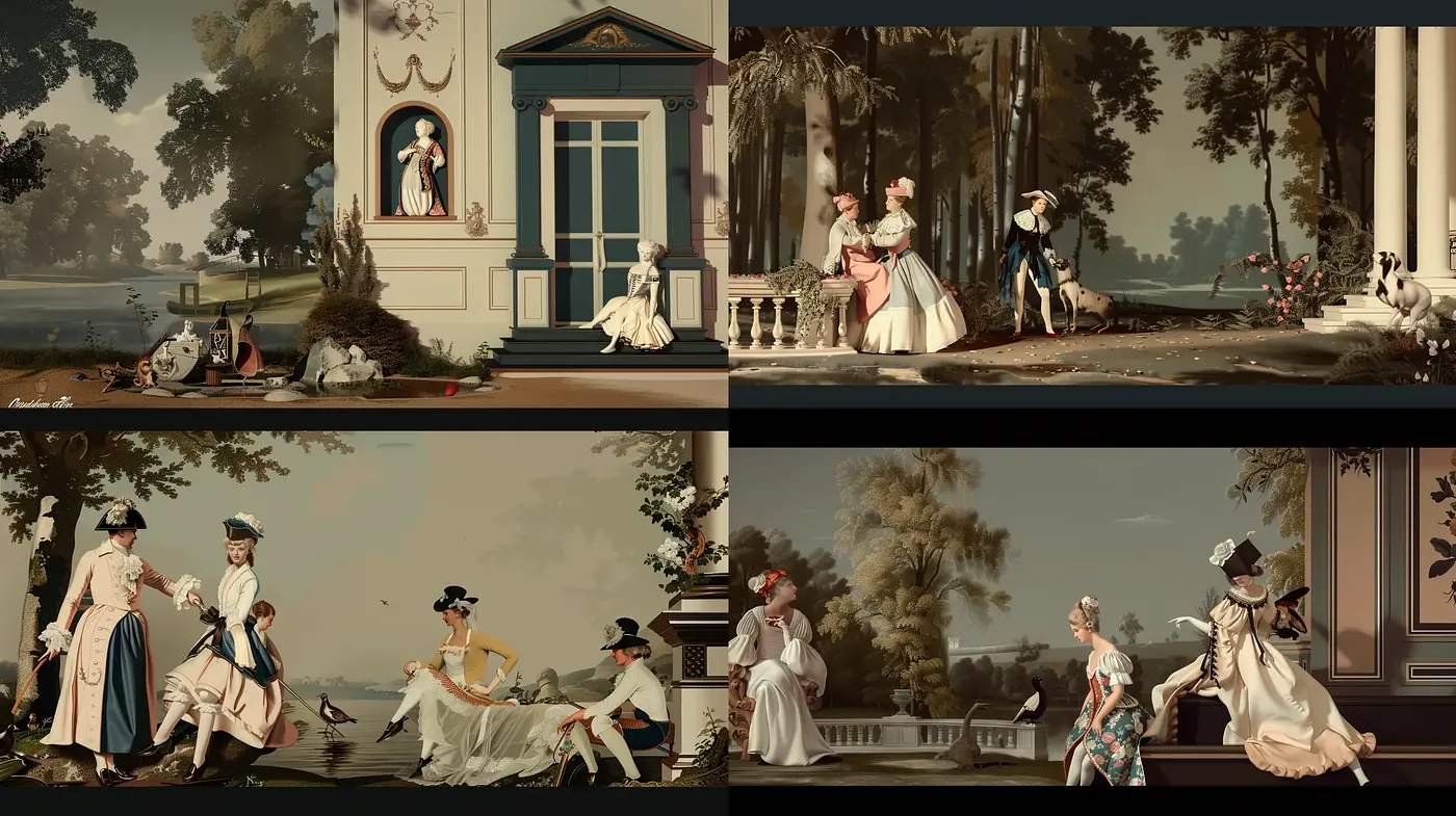 Elegant Rococo Reverie with Pastoral Charm - Midjourney sref style