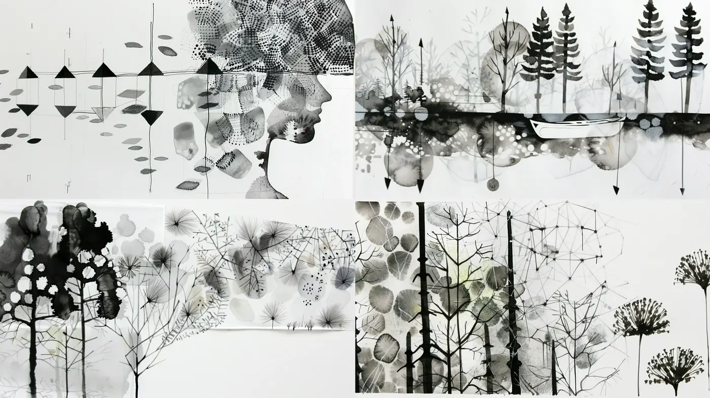 Ethereal Monochrome Botanicals with Geometric Contrasts - Midjourney sref style