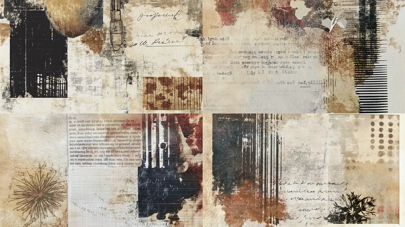 Abstract Textured Collage with Vintage Undertones - Midjourney sref style