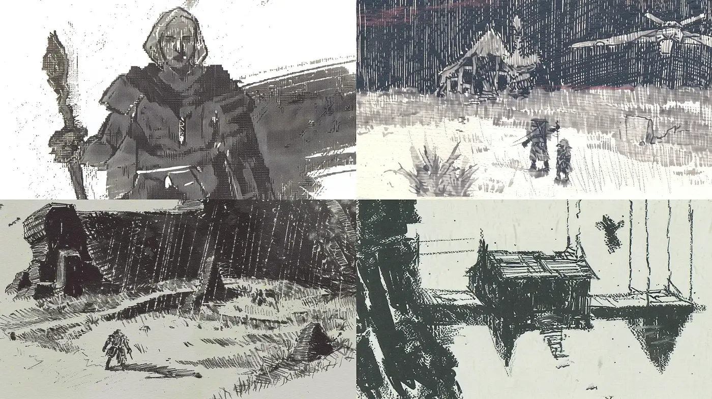 Monochromatic Sketchbook Chronicles - Midjourney sref style