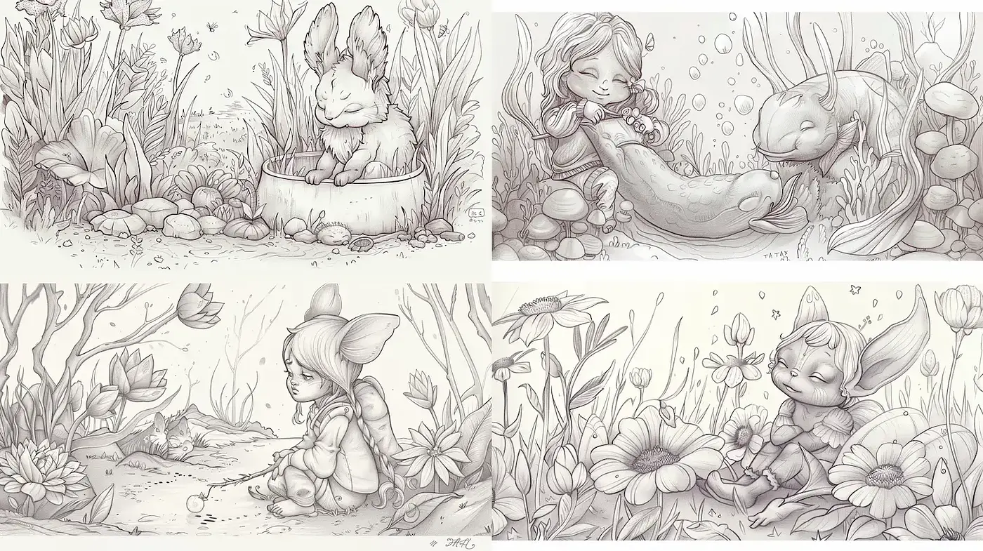 Whimsical Monochromatic Enchanted Realm Illustrations - Midjourney sref style