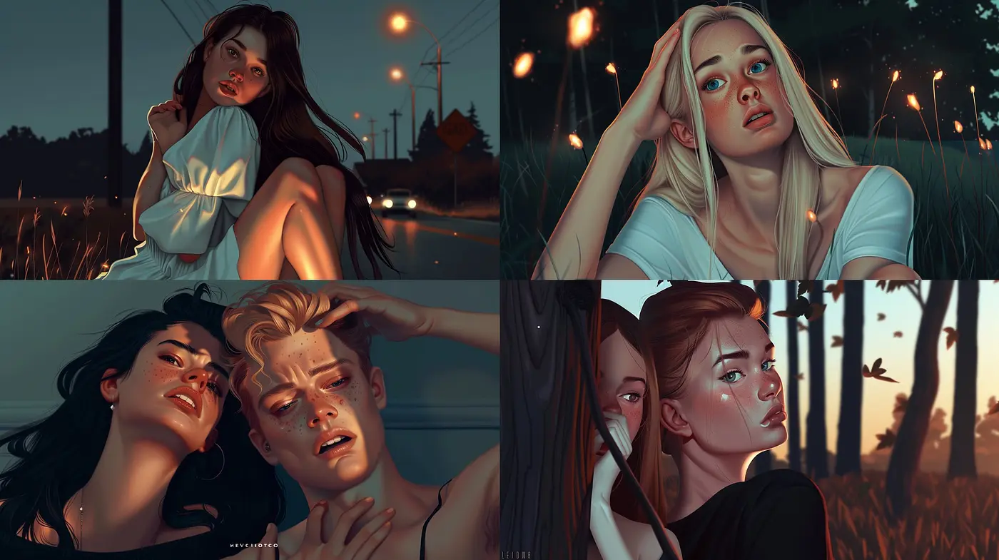 Twilight Embrace: A Consistent Study in Luminous Hues and Intimate Compositions - Midjourney sref style