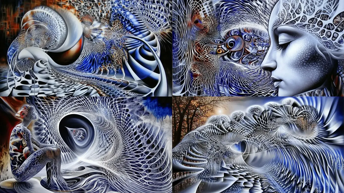 Surreal Visions in Blues: A Textured Dance of Dreamlike Fluidity - Midjourney sref style