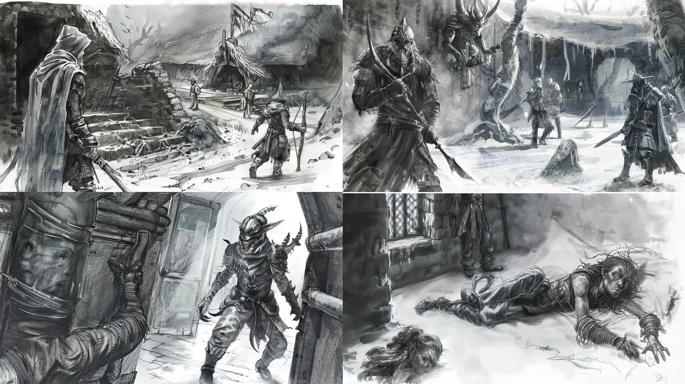 Gritty Monochrome Fantasy Vignettes - Midjourney sref style