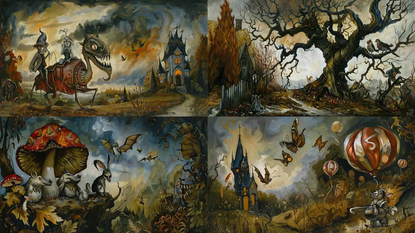 Mystical Autumnal Whimsy: A Fusion of Eerie Enchantment and Storybook Charm - Midjourney sref style