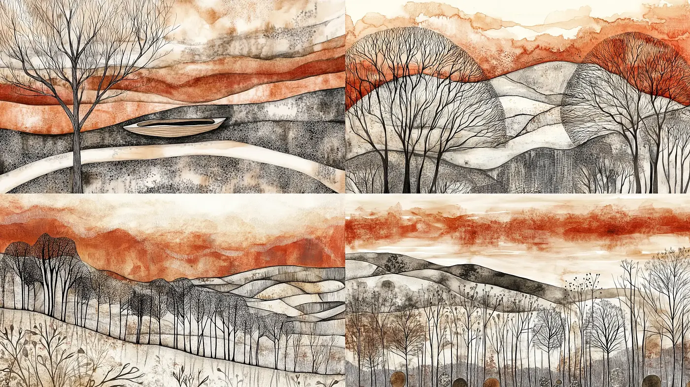 Warm Hues Over Monochrome Landscapes: A Homage to Rustic Serenity - Midjourney sref style
