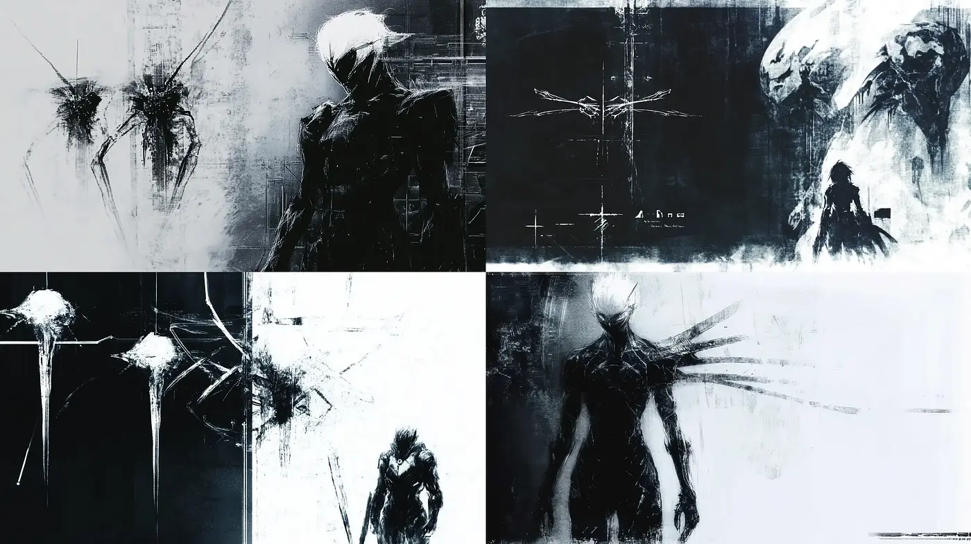 Monochrome Elegy: Textural Dichotomy and Abstract Expressionism in Digital Art - Midjourney sref style