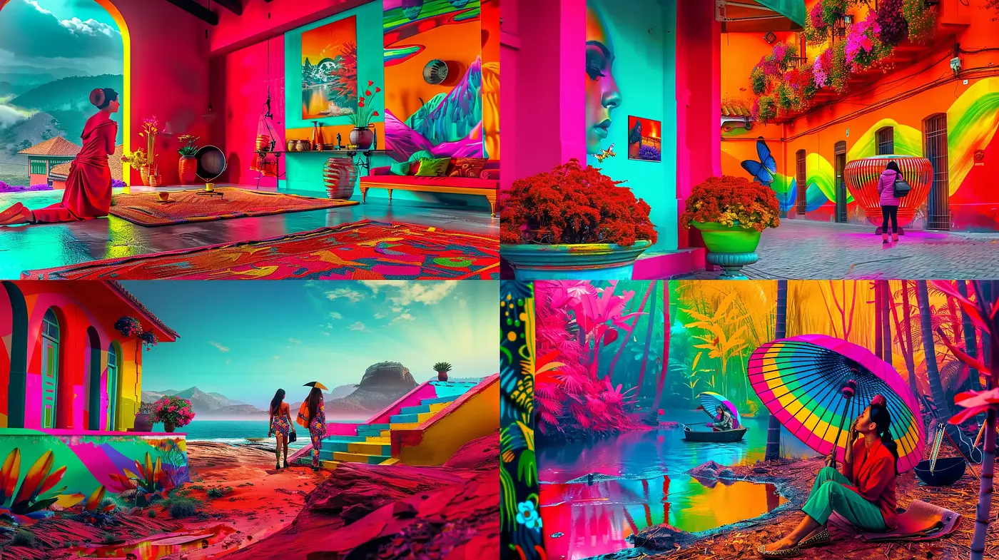 Vibrant Surrealism in a Hyper-Colorful Dreamscape - Midjourney sref style