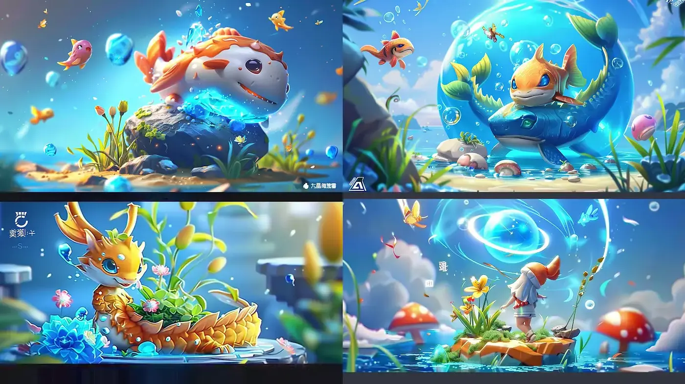 Whimsical, colorful aquatic fantasy with a playful atmosphere - Midjourney sref style