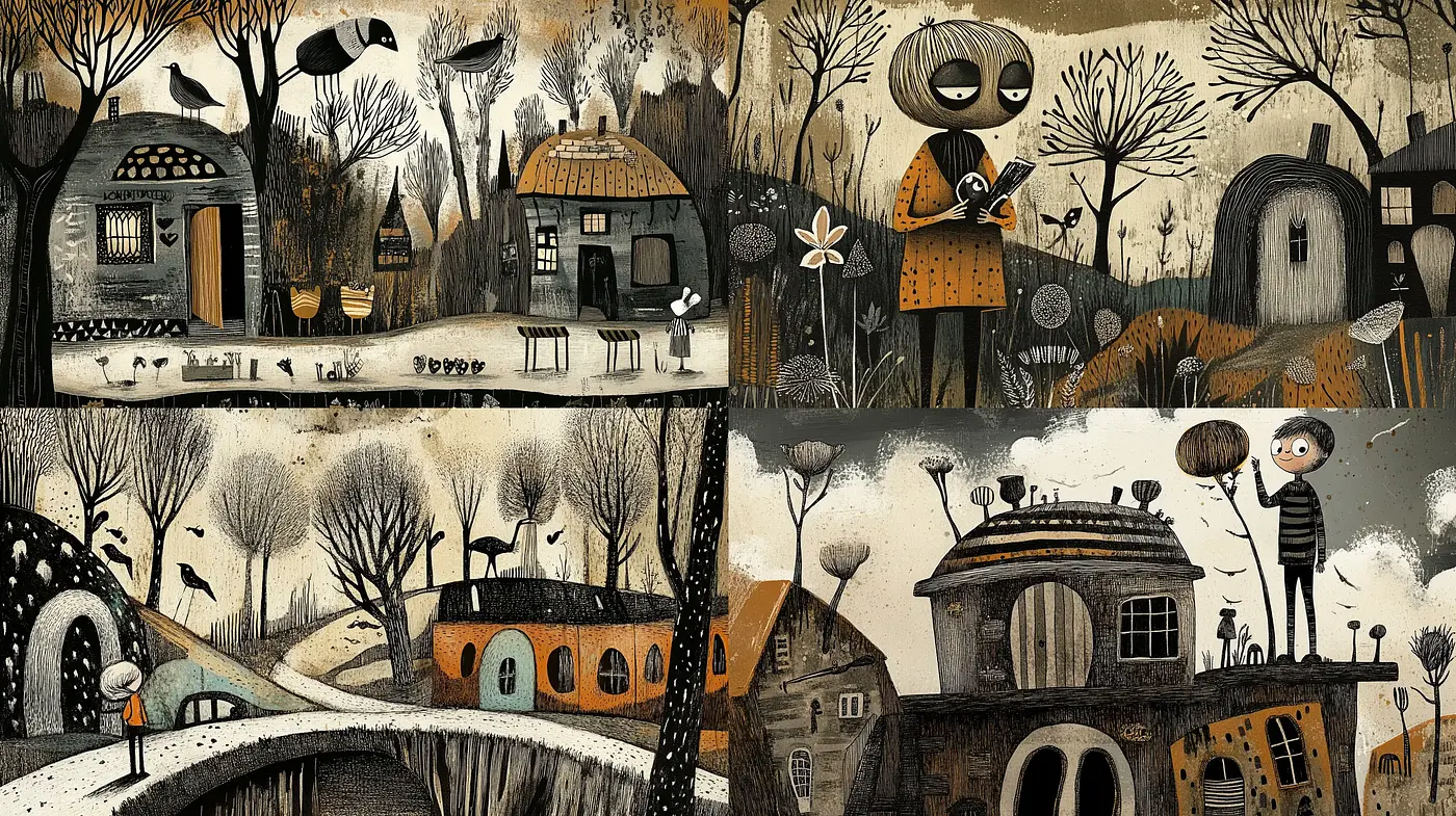 Whimsical Storybook Illustration with a Gothic Touch - Midjourney sref style