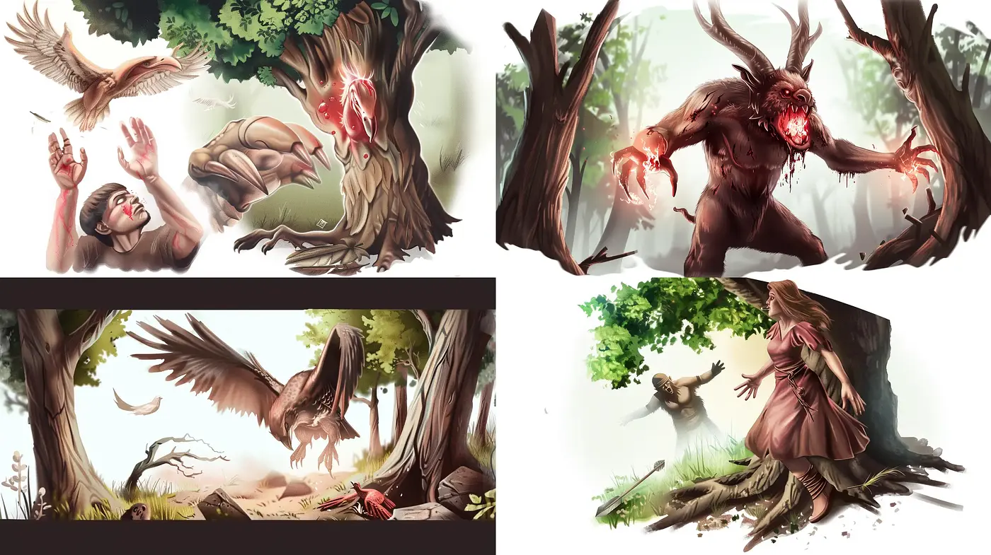 Mystical Forest Encounter: An Enchanting and Vivid Illustrative Series - Midjourney sref style