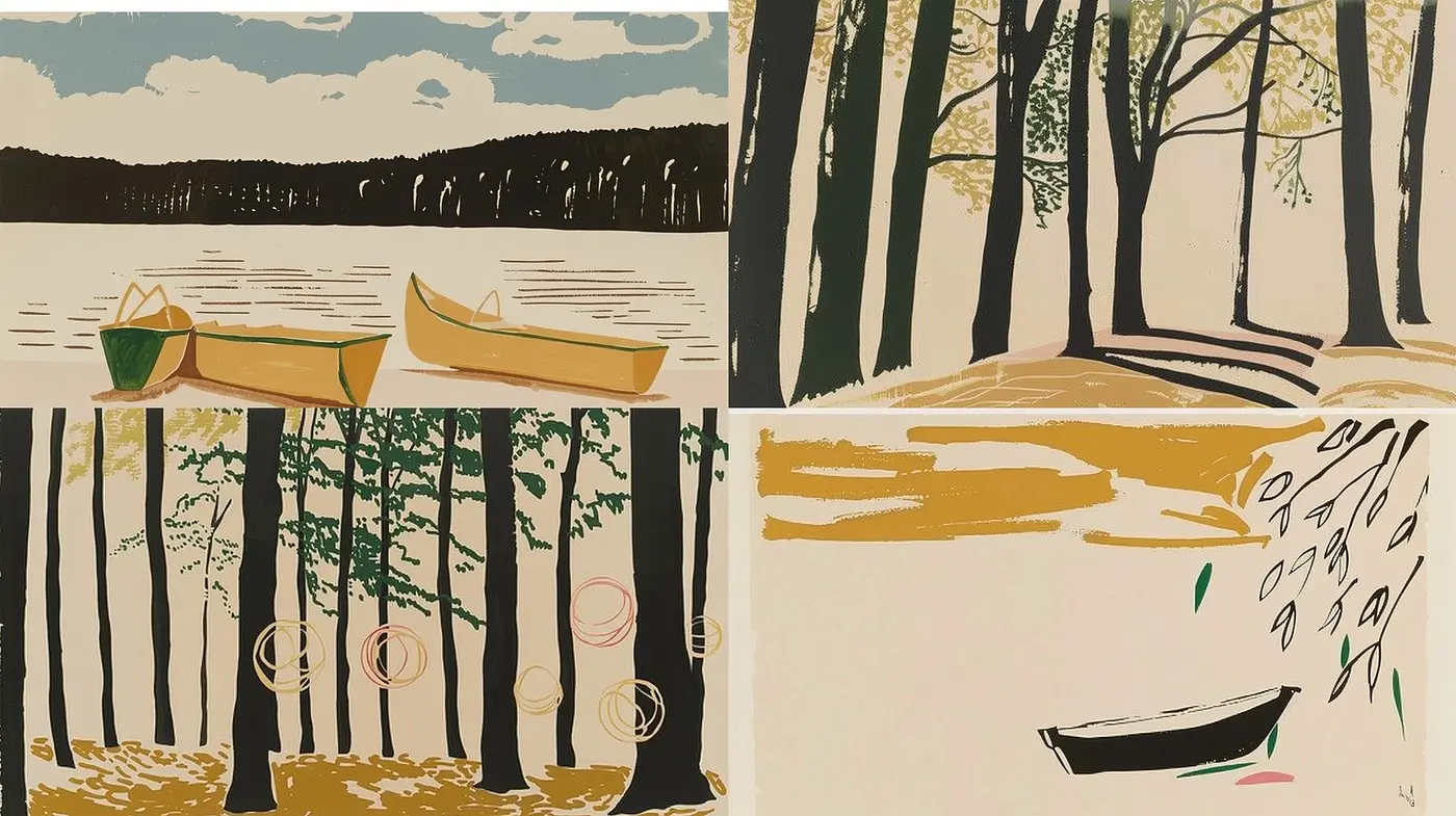 Consistent Canoeing Chronicles: A Synthesis of Simplified Natural Elements in Stylized Earth Tones - Midjourney sref style