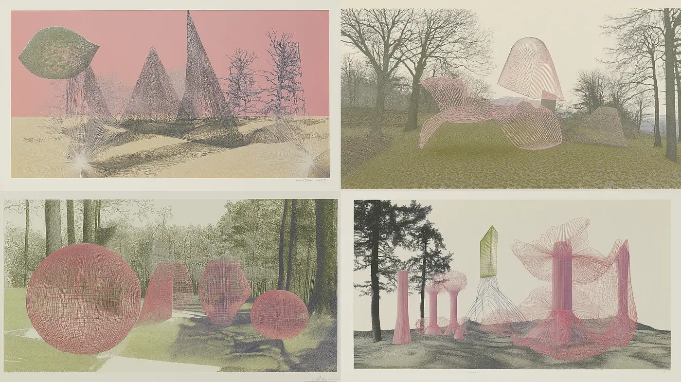 Ethereal Pastel Dreamscape with Hatched Textures - Midjourney sref style