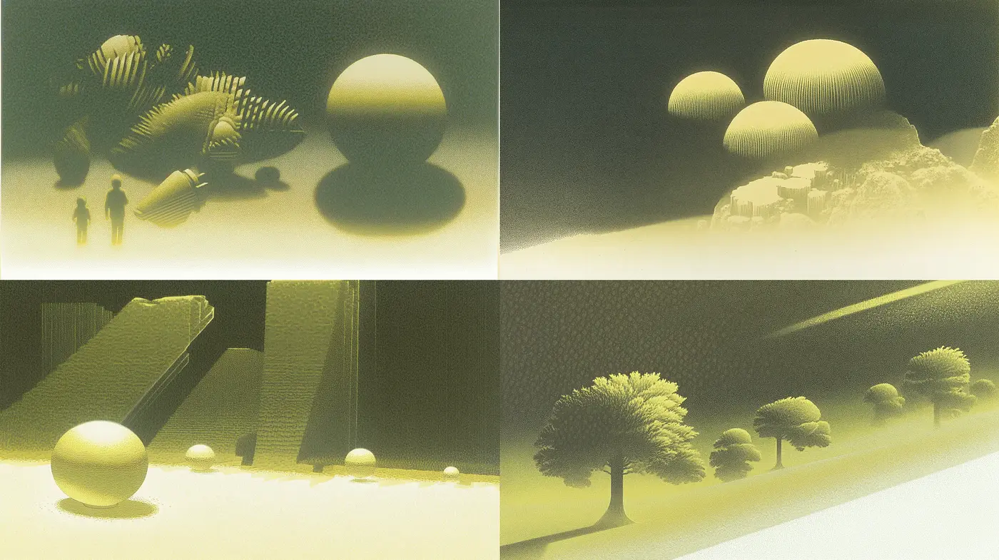 Ethereal Monochrome Dreamscape: A Study in Textured Yellow Tones and Surreal Light - Midjourney sref style