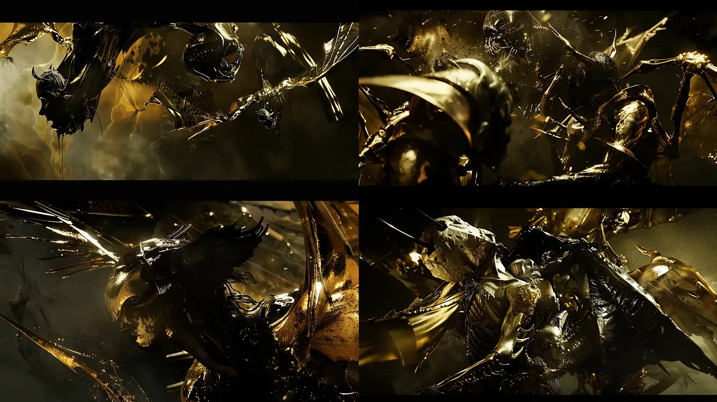 Ethereal Golden Chaos: A Symphony of Metallic Hues and Dynamic Form - Midjourney sref style