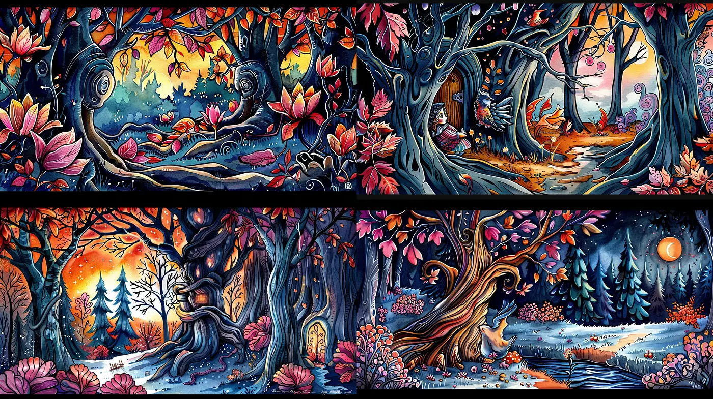 Enchanted Twilight Forest: A Dreamlike Fusion of Nature and Magic in Vivid Colors - Midjourney sref style