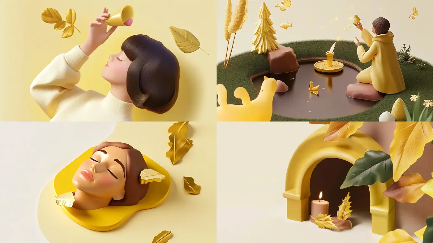 Serene Autumnal Hues and Soft Textures in Illustrative Renderings - Midjourney sref style
