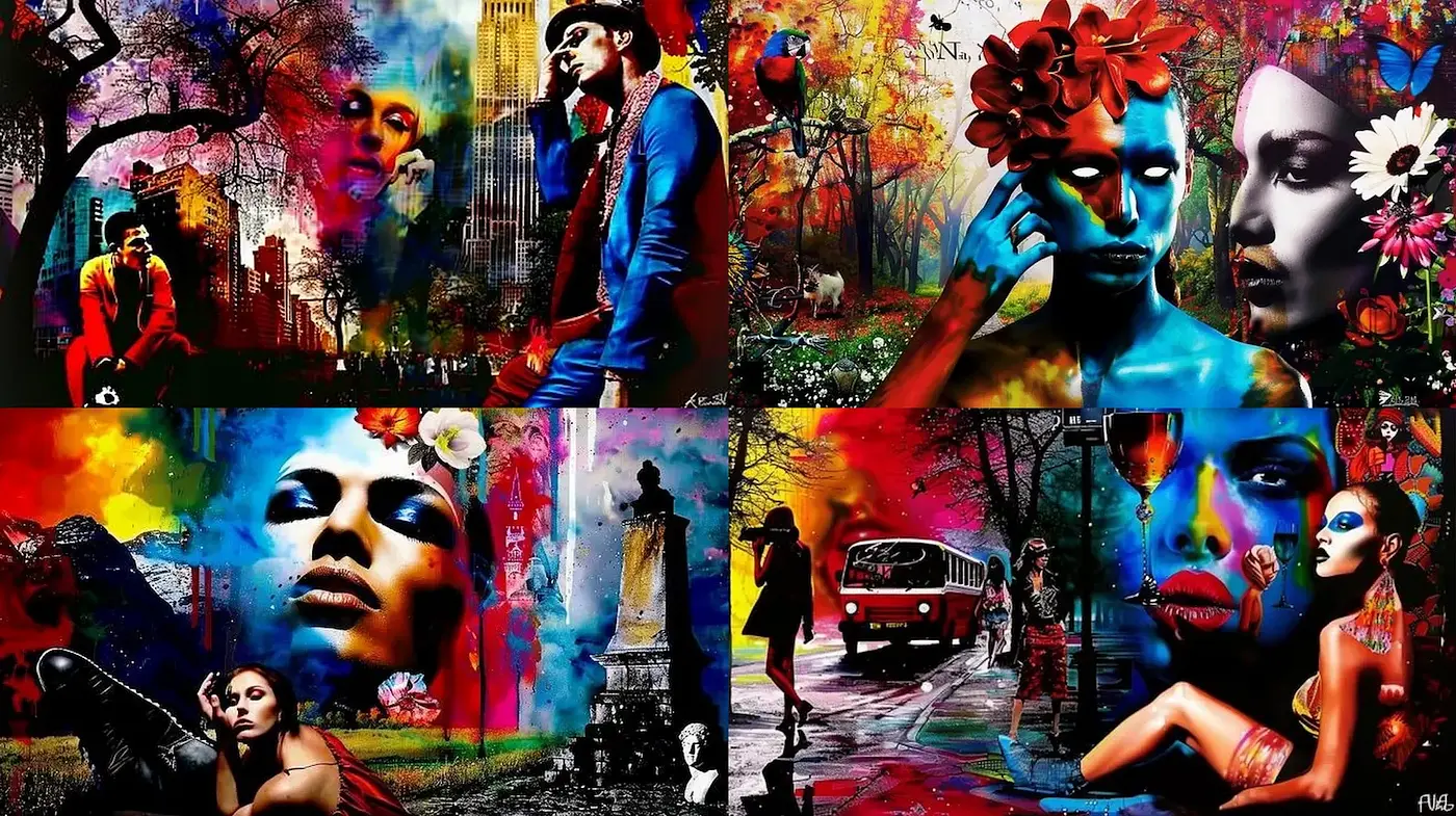 Vibrant Collage of Contemporary Urban Art Infused with Emotional Depth - Midjourney sref style