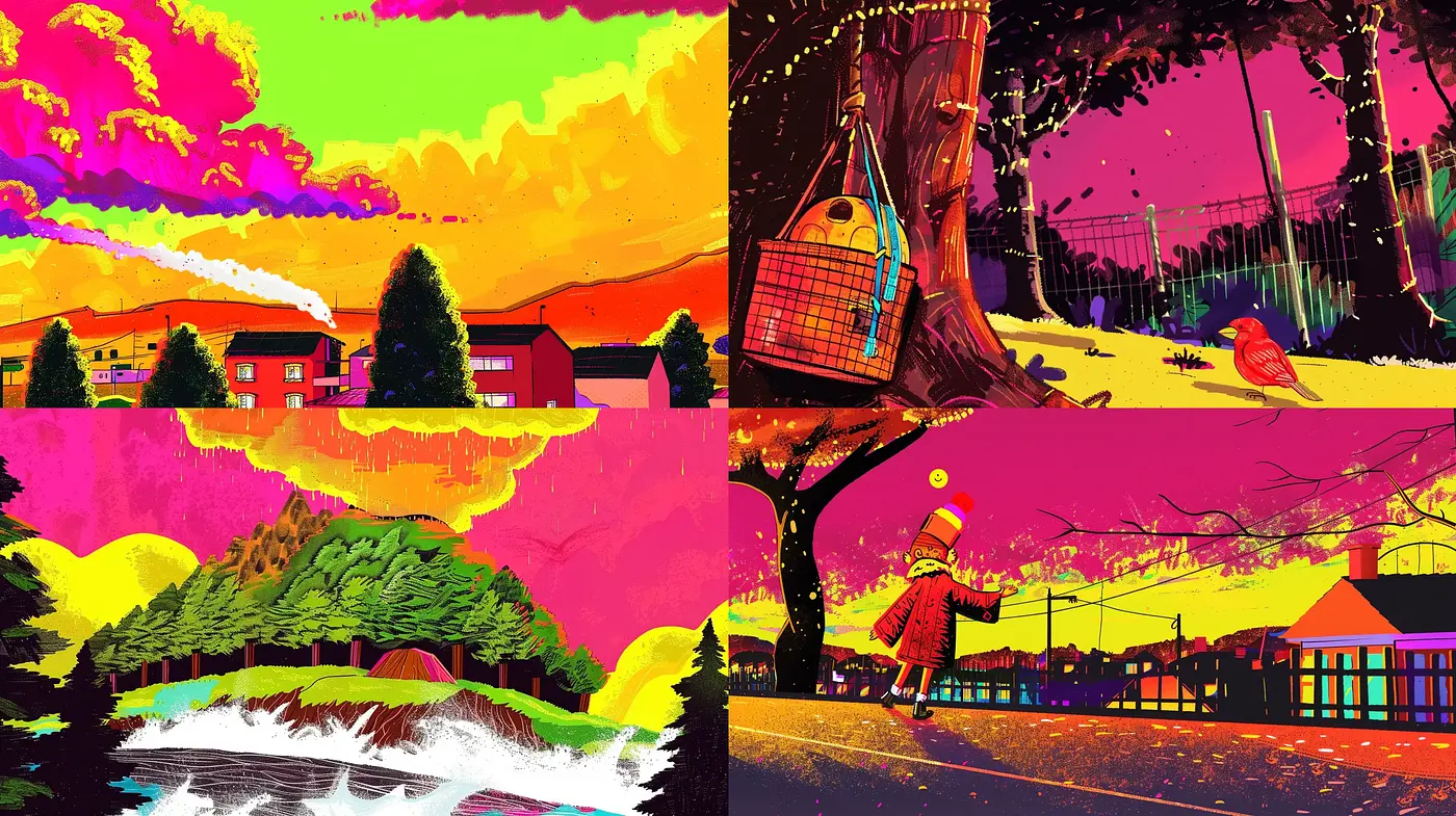 Vibrant Expressionism with Surreal Palettes and Bold Outlines - Midjourney sref style