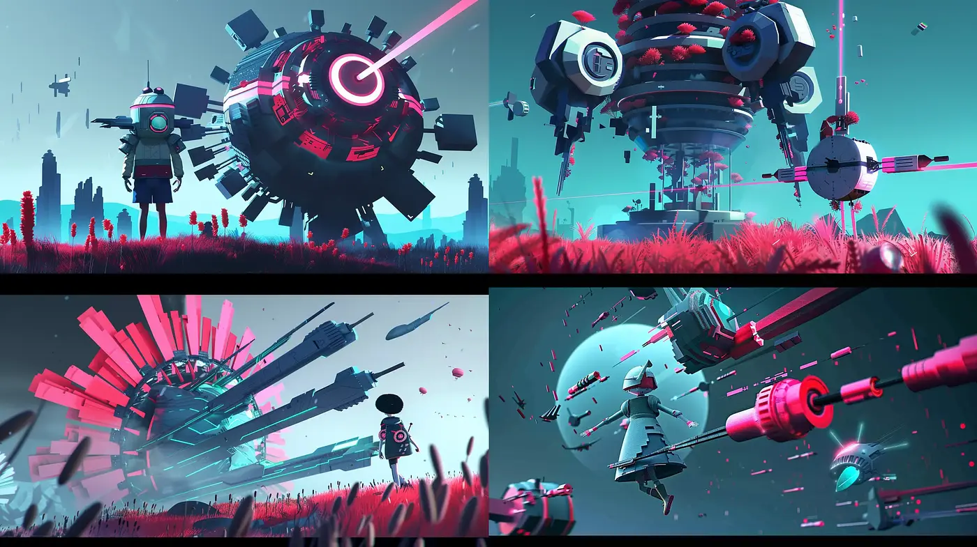 Futuristic Cyan Skies and Crimson Tech Echoes - Midjourney sref style