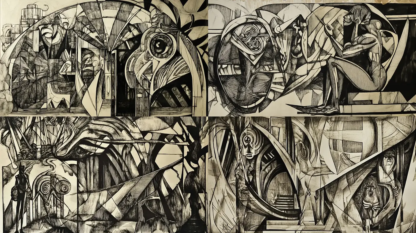 Monochromatic Cubist Synthesis Through Digital Fragmentation - Midjourney sref style