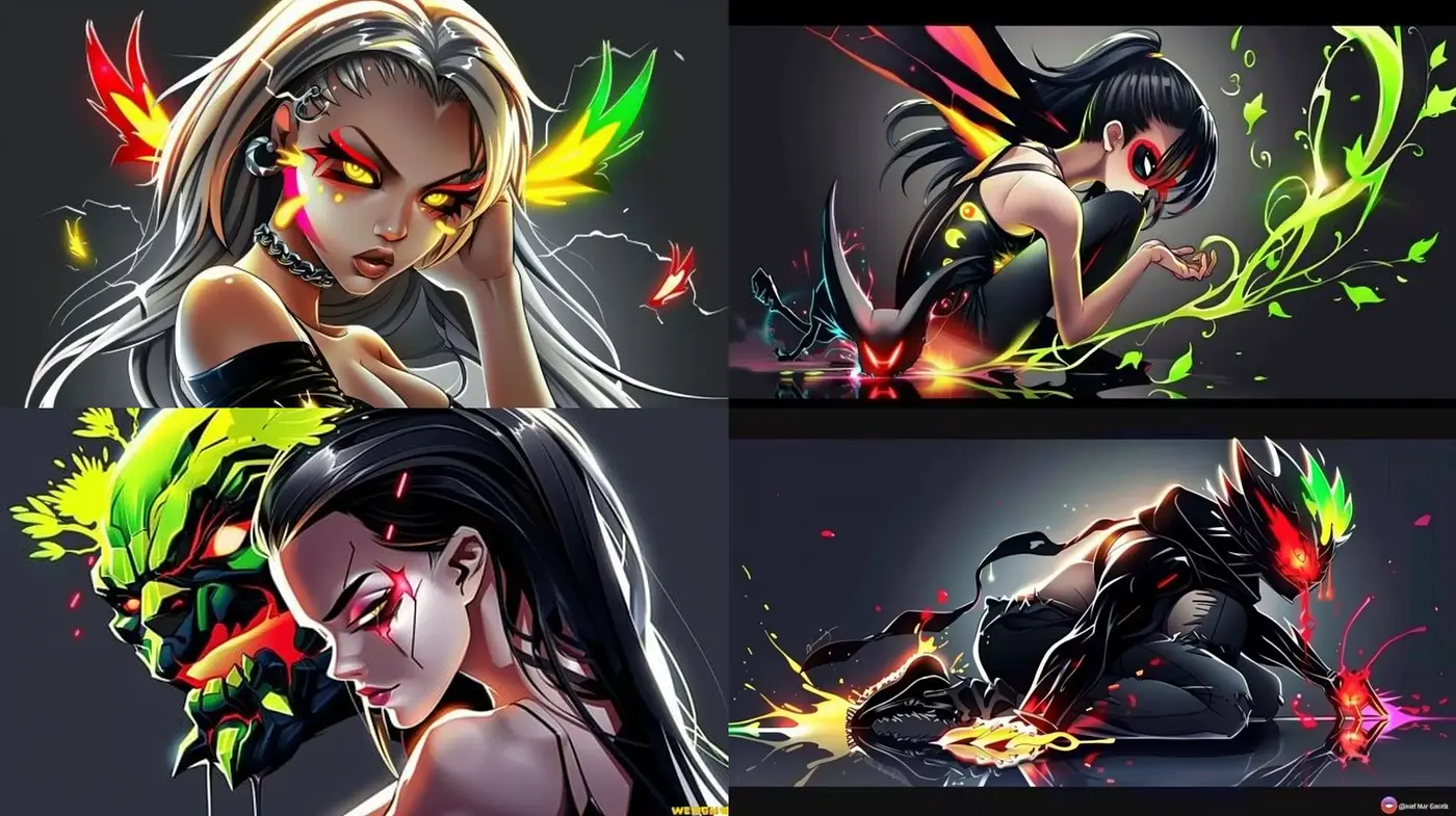 Luminous Anime Elegance: A Vivid Dance of Neon and Shadow - Midjourney sref style