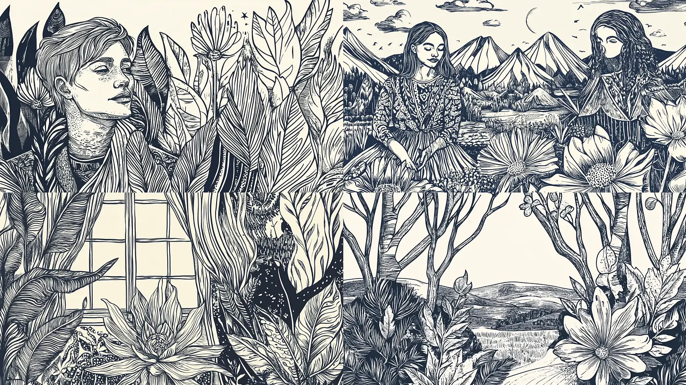 Illustrative Botanical Dreamscape with Monochromatic Intricacy - Midjourney sref style